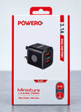 شاحن Powero+ البريطاني الصغير بمنفذي USB وبخرج 3.1A مع كابل Micro USB مضفّر - أسود