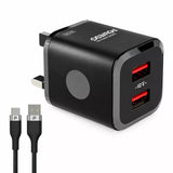 شاحن Powero+ البريطاني الصغير بمنفذي USB وبخرج 3.1A مع كابل Micro USB مضفّر - أسود