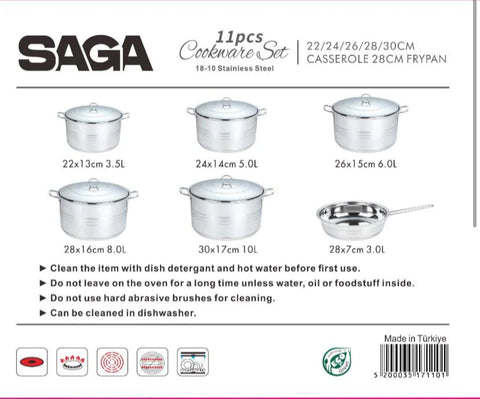 Saga H1711 Stainless Steel Cookware Set - 11 Pcs, High-Quality 18/10 Stainless Steel