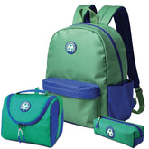 Green and blue backpack with lunch bag and pencil case on a white background