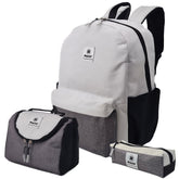 Gray and black backpack with matching pouches on a white background