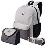 Gray and black backpack with matching pouches on a white background