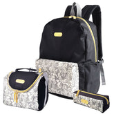 Black backpack with floral-patterned pouches on a white background