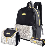 Black backpack with floral-patterned pouches on a white background