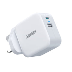 شاحن Choetech 38 وات بمنفذ USB C + USB A مزدوج - أبيض