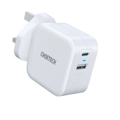 شاحن Choetech 38 وات بمنفذ USB C + USB A مزدوج - أبيض