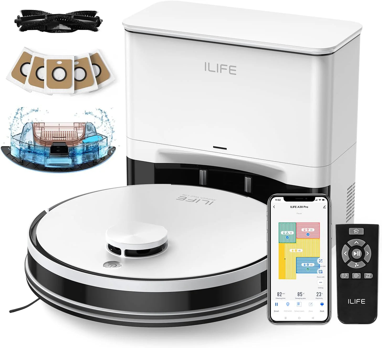 ILIFE A30 Pro Robot Vacuum and Mop with Self-Emptying Station - White