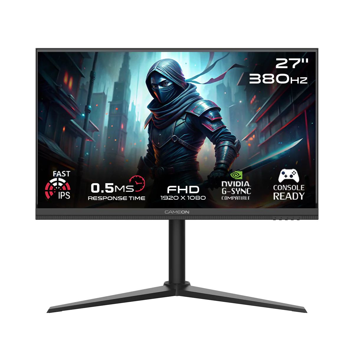 شاشة ألعاب GAMEON GOMP27FHD380IPS Midnight Pro Series مقاس 27 بوصة FHD، 380 هرتز، MPRT 0.5 مللي ثانية، HDMI 2.1، شاشة IPS سريعة - أسود