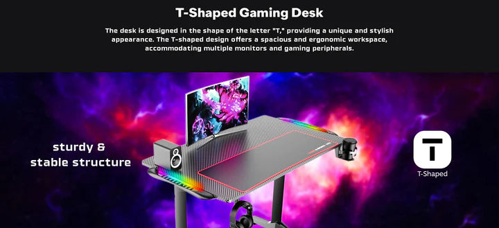 توستد مايندز TM-T-1060-RGB، مكتب ألعاب على شكل T بملمس ألياف الكربون