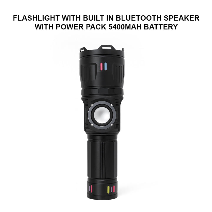Multifunctional LED Emergency Flashlight with Built-in Bluetooth Speaker, 2000LM Bright Torch, 5400mAh Rechargeable Battery & Waterproof Design