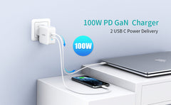 شاحن Choetech 100 وات بمنفذ USB C مزدوج - مع كابل CC - أبيض
