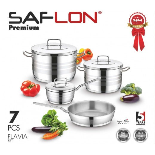Saflon Stainless Steel Premium Cookware Set 7 Pieces Pots 20+24 + Frypan 24 cm + Saucepan 18 cm With Lid