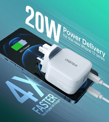 شاحن Choetech 38 وات بمنفذ USB C + USB A مزدوج - أبيض