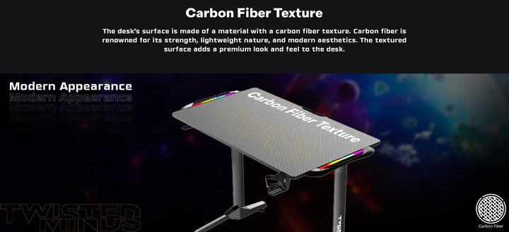 توستد مايندز TM-T-1060-RGB، مكتب ألعاب على شكل T بملمس ألياف الكربون