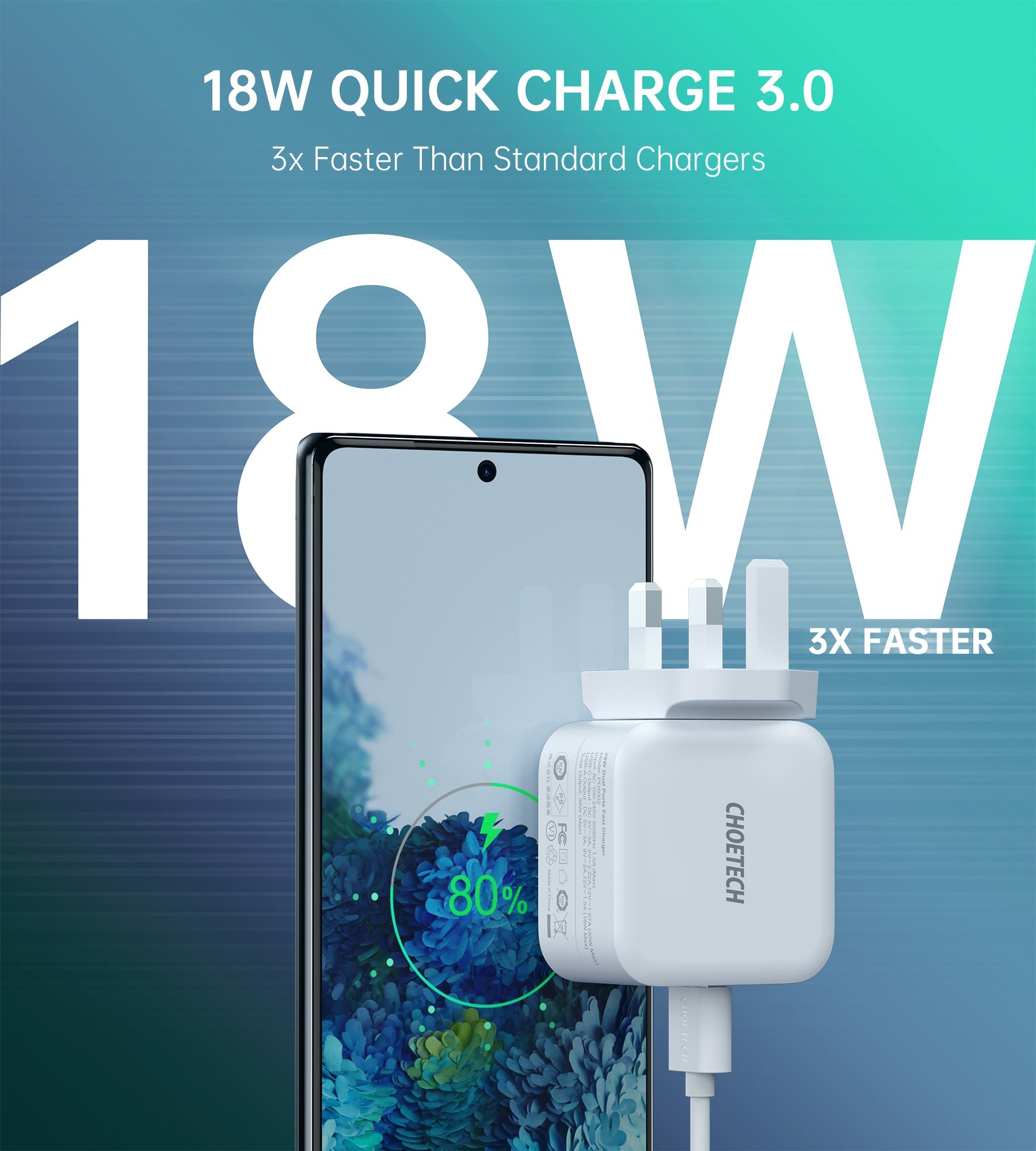 شاحن Choetech 38 وات بمنفذ USB C + USB A مزدوج - أبيض