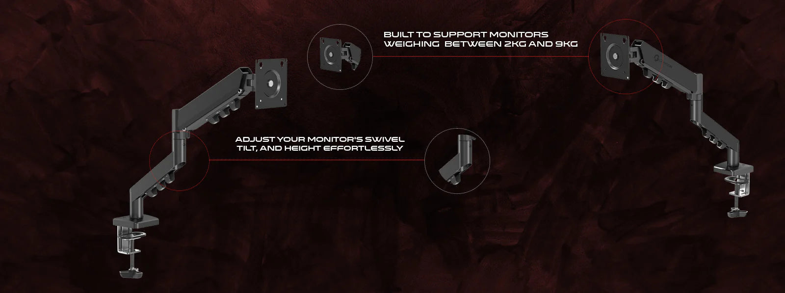 GAMEON GO-5500 Gas Mechanical Spring Single Monitor Arm For Gaming And Office Use, 17" - 32", Flat Monitor Up to 9 kg & Curve Monitor Up to 9 kg - Black