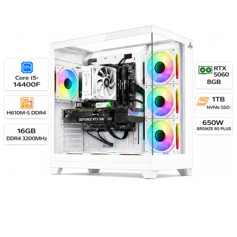 اجميعة كمبيوتر ألعاب قيمنق (Intel Core i5-14400F, RTX 5060 8GB) – رام 16 جيجابايت DDR4، هارد 1 تيرا بايت NVMe، مع نظام Windows 11 Pro
