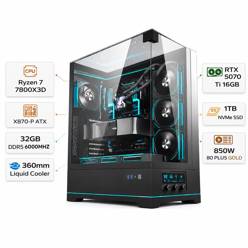Custom Gaming PC AMD Ryzen 7 7800X3D, RTX 5070 Ti 16GB, 32GB RAM DDR5 6000MHz, 1TB NVMe, Windows 11