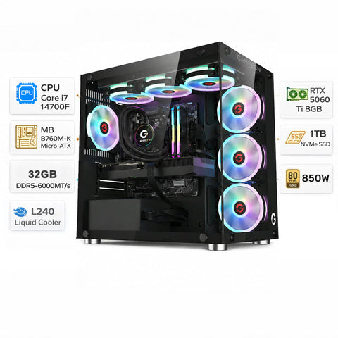 تجميعة كمبيوتر ألعاب قيمنق (Intel Core i7-14700F, RTX 5060 Ti) – رام 32 جيجابايت DDR5، هارد 1 تيرا بايت NVMe، مع نظام Windows 11 Pro