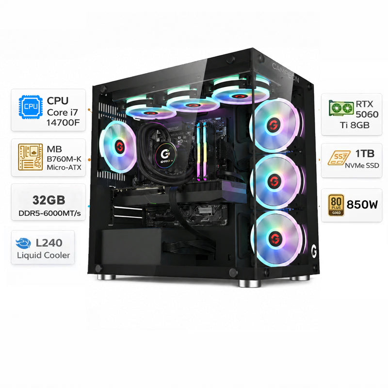تجميعة كمبيوتر ألعاب قيمنق (Intel Core i7-14700F, RTX 5060 Ti) – رام 32 جيجابايت DDR5، هارد 1 تيرا بايت NVMe، مع نظام Windows 11 Pro