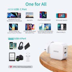 شاحن Choetech 65W ثنائي المنفذ USB C GaN - أبيض