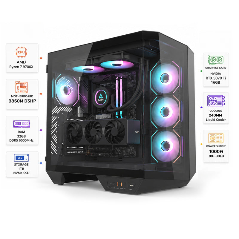 Custom Gaming PC AMD Ryzen 7 9700X, RTX 5070 Ti 16GB, RAM 32GB DDR5, 1TB NVMe SSD, Windows 11 Pro