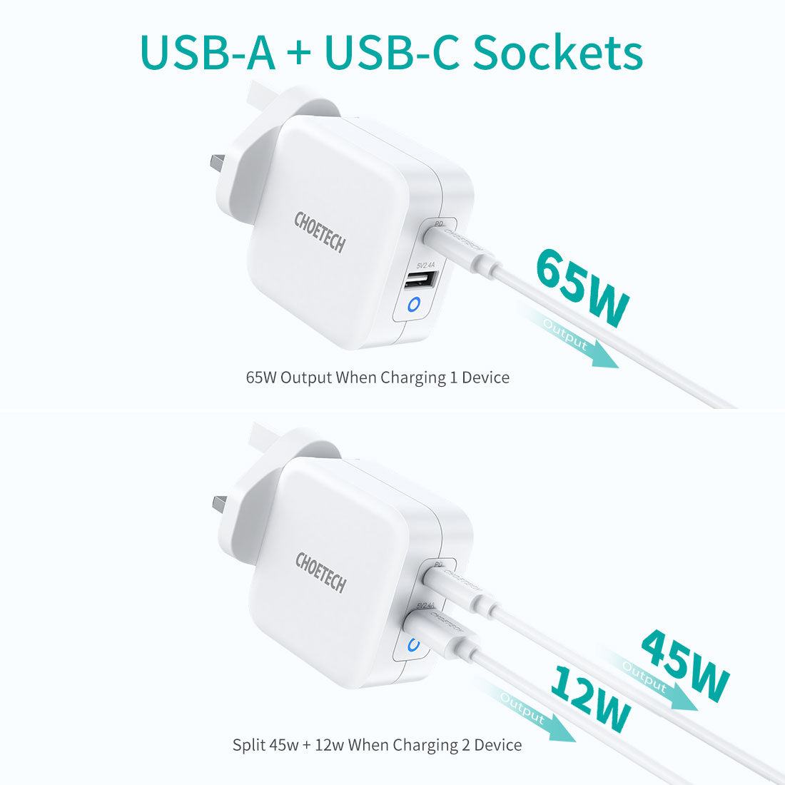 شاحن Choetech 65W ثنائي المنفذ USB C GaN - أبيض