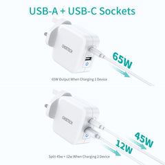شاحن Choetech 65W ثنائي المنفذ USB C GaN - أبيض