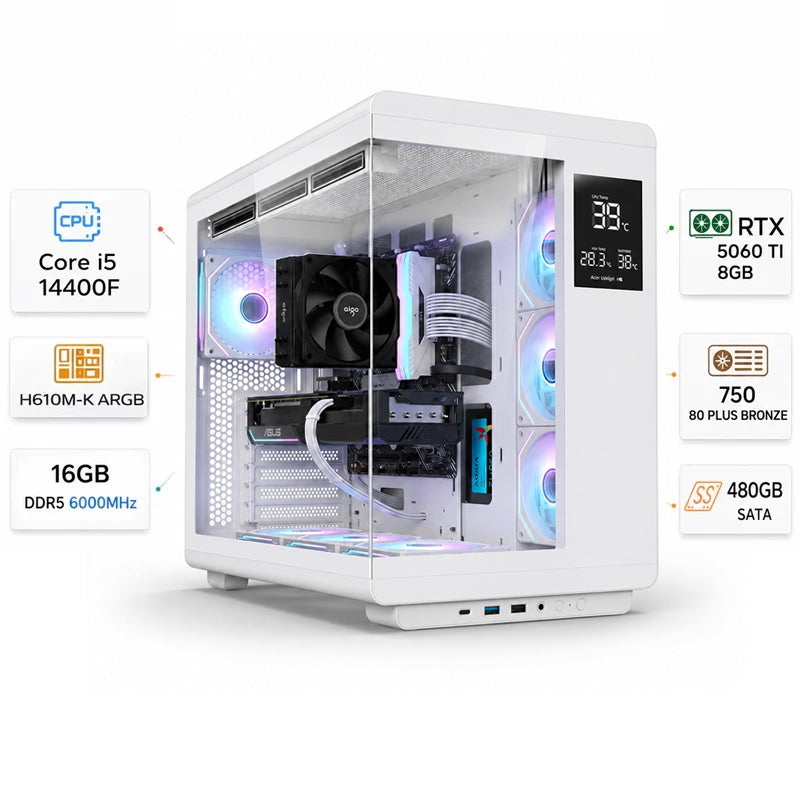 Custom Gaming PC Intel Core i5-14400F, RTX 5060Ti 8GB, 16GB RAM DDR5 6000MHz, Windows 11 Pro