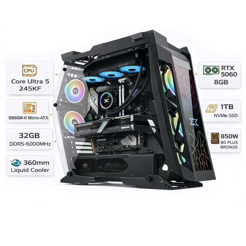 تجميعة كمبيوتر ألعاب قيمنق (Intel Core Ultra 5 245KF, RTX 5060 Ti 8GB) – رام 32 جيجابايت DDR5، هارد 1 تيرا بايت NVMe، مع نظام Windows 11 Pro