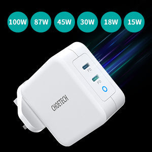شاحن Choetech 100 وات بمنفذ USB C مزدوج - مع كابل CC - أبيض
