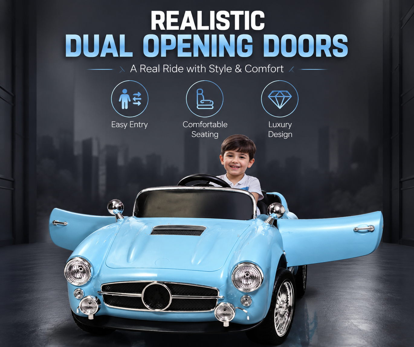 Premium 12V RC Kids Electric Ride-On Retro Car with Parent Remote Control, Music System, LED Lights, Soft Start, USB/AUX, Rechargeable Battery, 30Kg Load Capacity for Ages 3–8