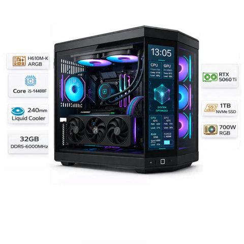 تجميعة كمبيوتر ألعاب قيمنق (Intel Core i5-14400F, RTX 5060 Ti 8GB) – رام 32 جيجابايت DDR5، هارد 1 تيرا بايت NVMe SSD، مع نظام Windows 11 Pro