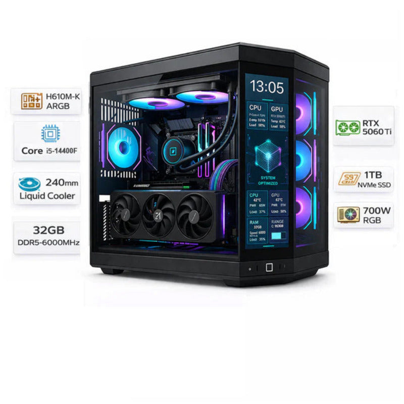 تجميعة كمبيوتر ألعاب قيمنق (Intel Core i5-14400F, RTX 5060 Ti 8GB) – رام 32 جيجابايت DDR5، هارد 1 تيرا بايت NVMe SSD، مع نظام Windows 11 Pro