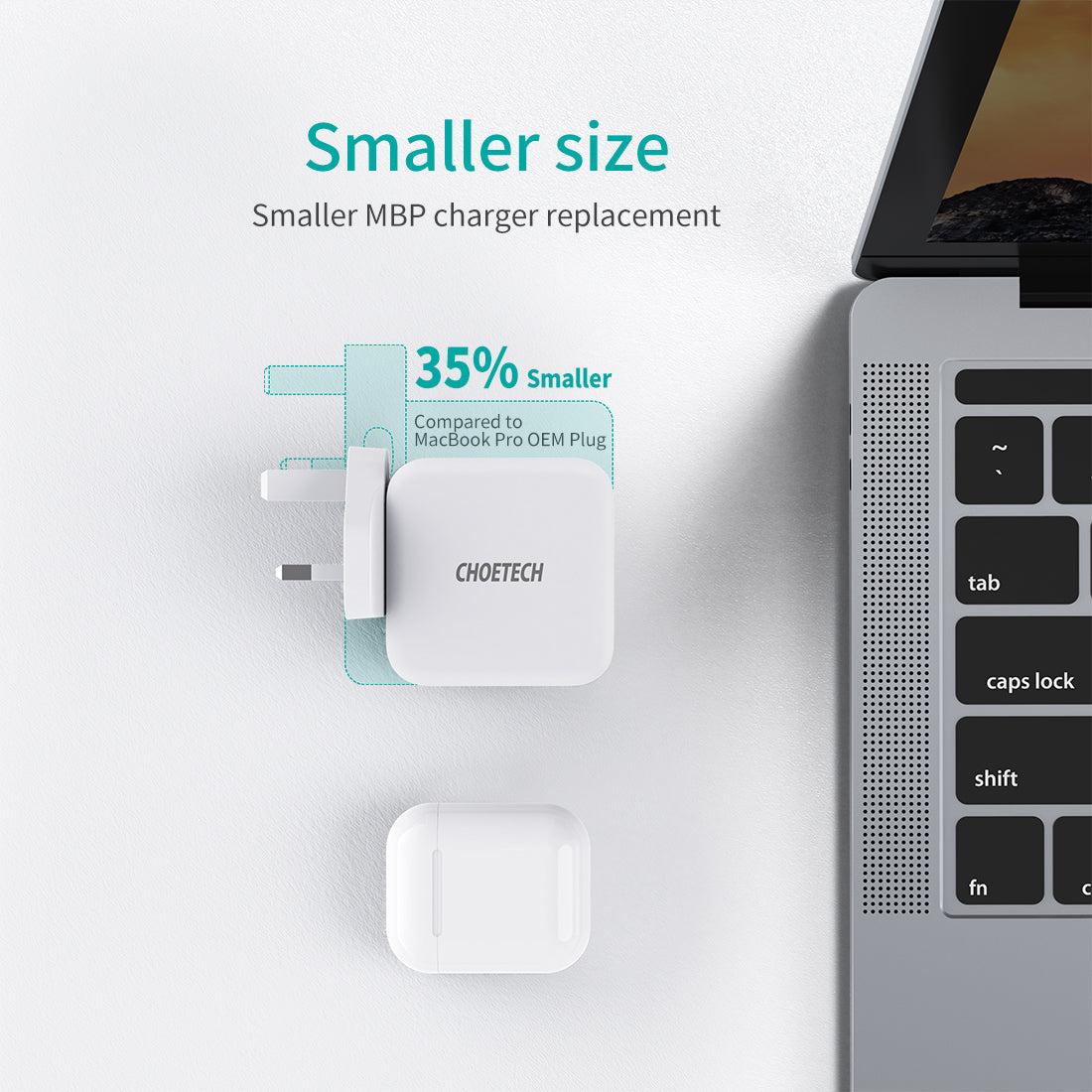 شاحن Choetech 65W ثنائي المنفذ USB C GaN - أبيض