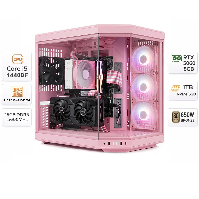 تجميعة كمبيوتر ألعاب قيمنق (Intel Core i5-14400F, RTX 5060 8GB) – رام 16 جيجابايت DDR5، هارد 1 تيرا بايت NVMe، مع نظام Windows 11 Pro