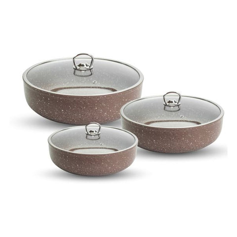 Saflon 6-Piece Granite Tray Set with Glass Lids – 30cm, 28cm, 26cm