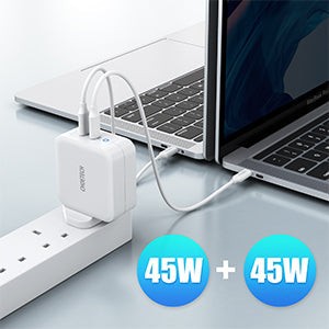 شاحن Choetech 100 وات بمنفذ USB C مزدوج - مع كابل CC - أبيض