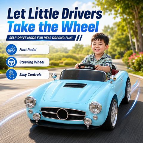 Premium 12V RC Kids Electric Ride-On Retro Car with Parent Remote Control, Music System, LED Lights, Soft Start, USB/AUX, Rechargeable Battery, 30Kg Load Capacity for Ages 3–8