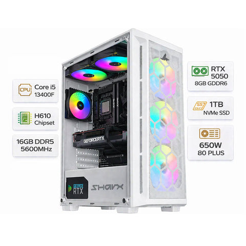 تجميعة كمبيوتر ألعاب قيمنق باللون الأبيض (Intel Core i5-13400F, RTX 5050 8GB) – رام 16 جيجابايت DDR5، هارد 1 تيرا بايت SSD، مع نظام Windows 11 Pro
