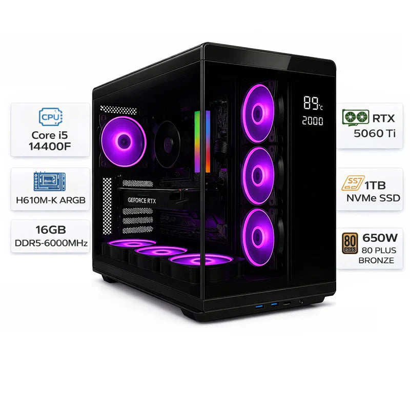 تجميعة كمبيوتر ألعاب قيمنق (Intel Core i5-14400F, RTX 5060 Ti) – رام 16 جيجابايت DDR5، هارد 1 تيرا بايت NVMe SSD، مع نظام Windows 11 Pro