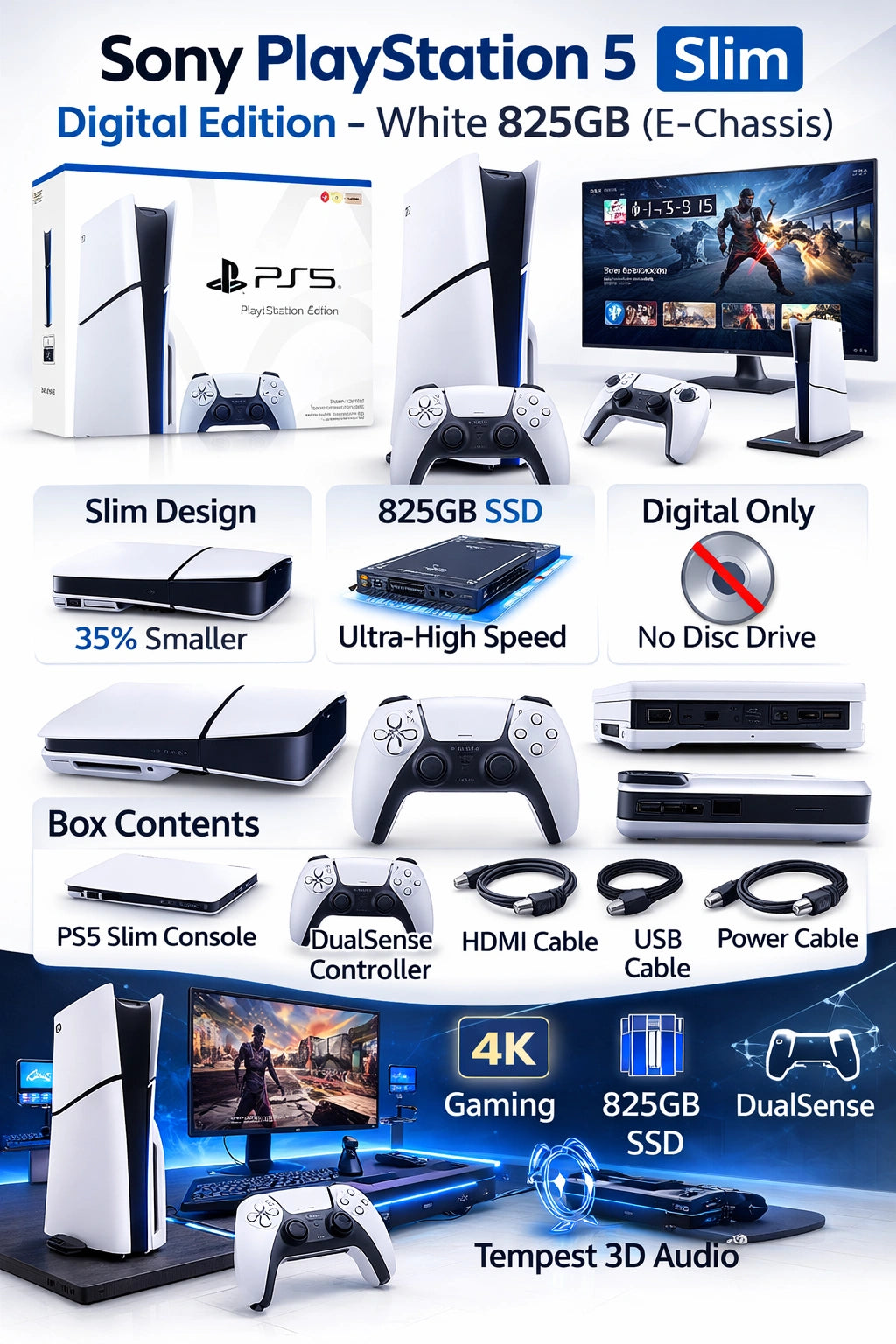 Sony PlayStation 5 Slim Digital Edition – White 825GB (E-Chassis) Bundle with DOBE Charging Dock For PS5 Wireless Controller Charger- TP5-0506