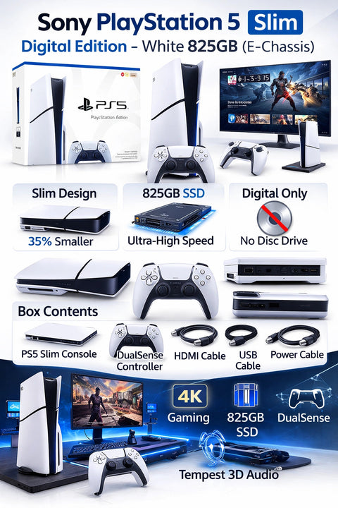 Sony PlayStation 5 Slim Digital Edition – White 825GB (E-Chassis) Bundle with DOBE Charging Dock For PS5 Wireless Controller Charger- TP5-0506