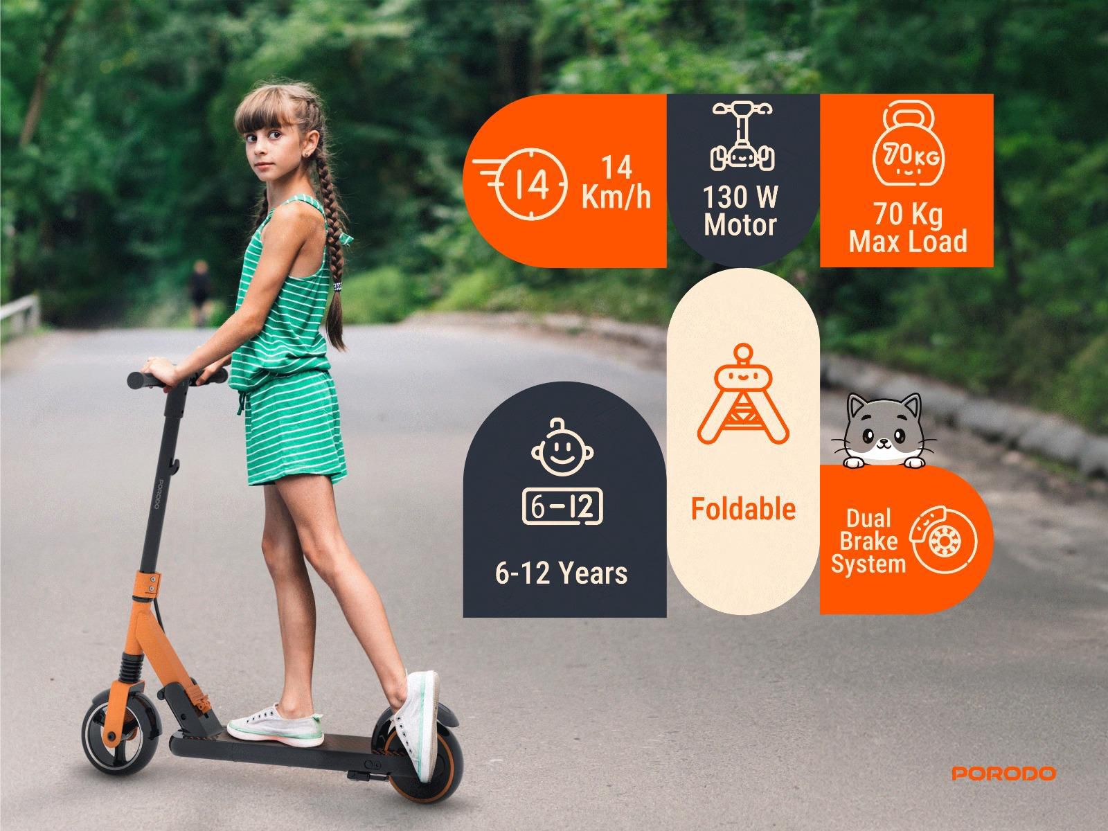 Porodo Lifestyle Kids Electric Scooter (130W, 14km/h, 8km Range, Ages 6–12)