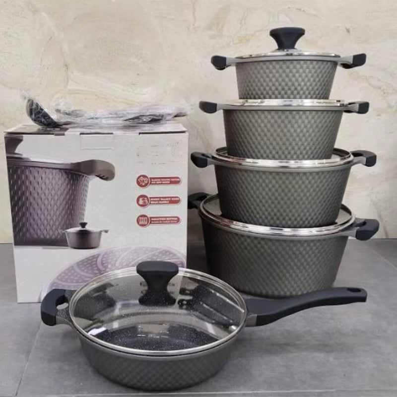 OSFE 12 PCS Aluminum Nonstick Granite Cookware Set (32, 28, 24, 20 cm Pots, 28 cm Pan with 2 Pcs of Utensil Tools) - Grey