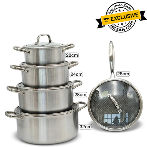 Osfe Home Cooking 316 High Quality 10-Piece Luxury Triply Stainless Steel Non Stick Cookware Set With Glass Lid (32-28-24-20 cm Pots and Pan 28 cm)