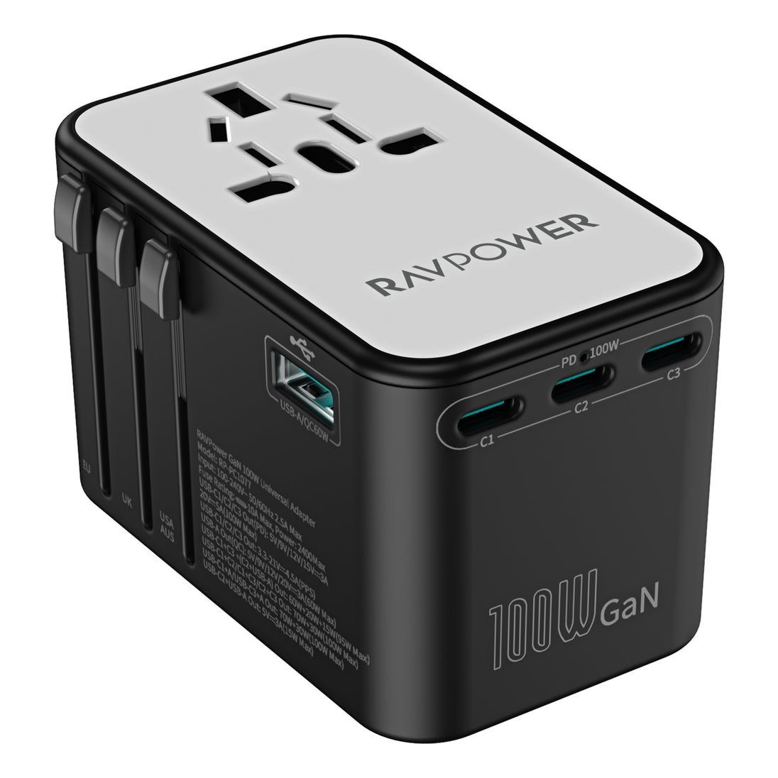شاحن سفر راف باور RP-PC1077 GaN 100 واط 5 في 1 3C 2A 