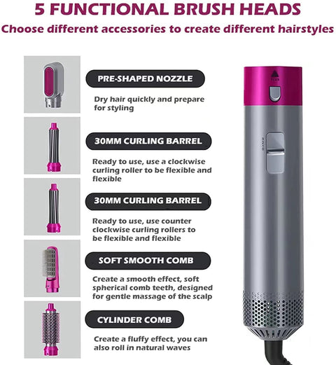 5 In 1 Hair Rotating Hair Dryer Hair Straightener Comb Curling Brush 5 interchangeable barrels
