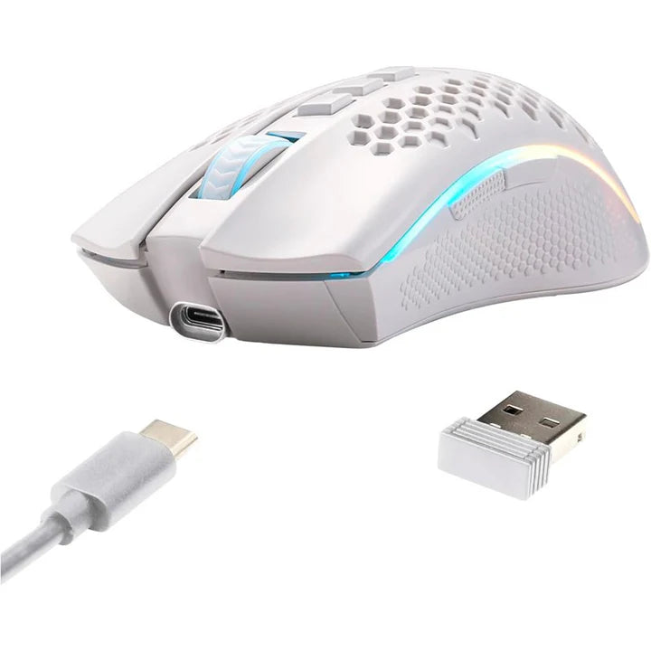ريدراجون M808، فأرة ألعاب KS Storm Pro مزدوجة الوضع (سلكية & لاسلكية) بإضاءة RGB – أبيض