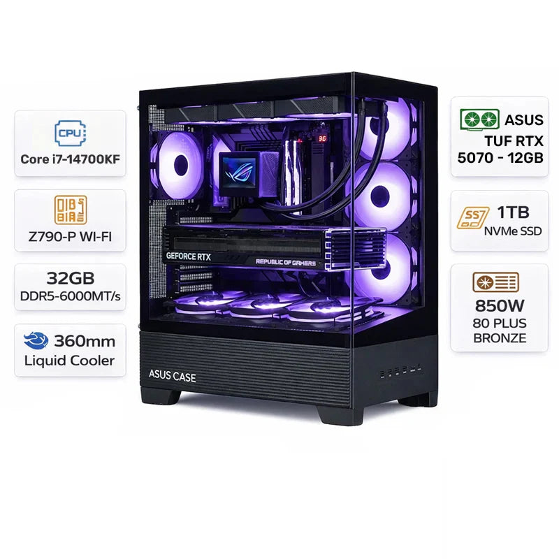 Custom Gaming PC, Intel Core i7-14700KF, ASUS TUF RTX 5070 OC 12GB GDDR7, 32GB DDR5 6000MT/s, 1TB NVMe SSD, Windows 11